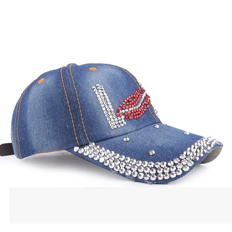 New Women Washed Denim Rhinestone Crown Baseball Cap