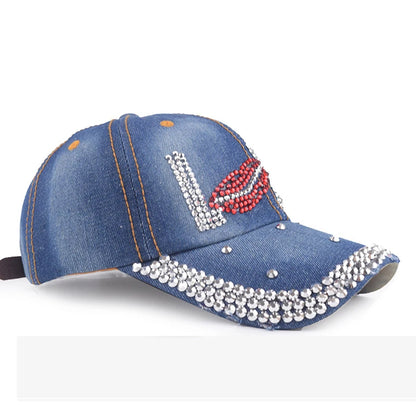 New Women Washed Denim Rhinestone Crown Baseball Cap