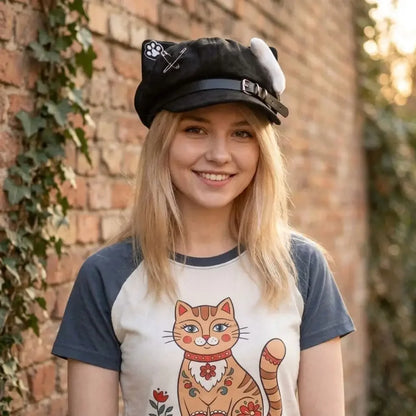 Cute Cat Ears Women Beret Anime Cat Paw Print Newsboy Cap Japanese Sweet Style Baseball Hat Daily Casual Wear