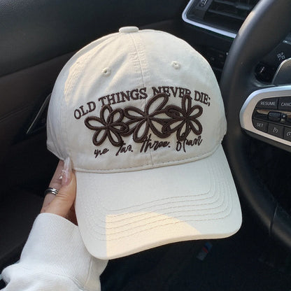 Vintage Washed Cotton Baseball Cap with Cute Flower Embroidery