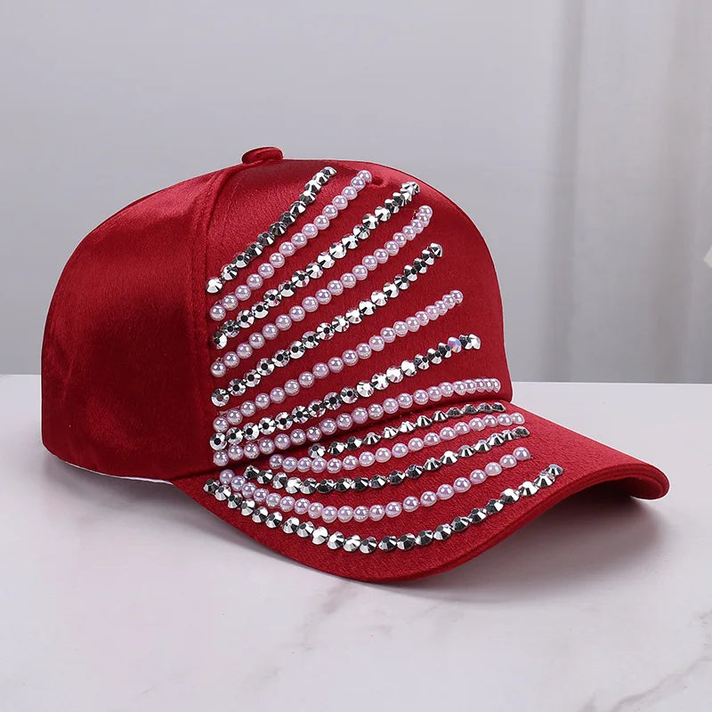 Satin Imitation Pearl Rhinestone Breathable Baseball Cap