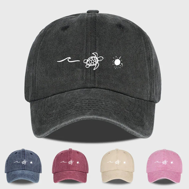 Retro Washed Baseball Cap With Wave Turtle and Sun Print Unisex Adjustable Dad Cap Summer Beach Sun Hat