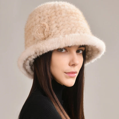 Woman Hat Winter Solid Mink Caps With Flower Natural Mink Fur Hats