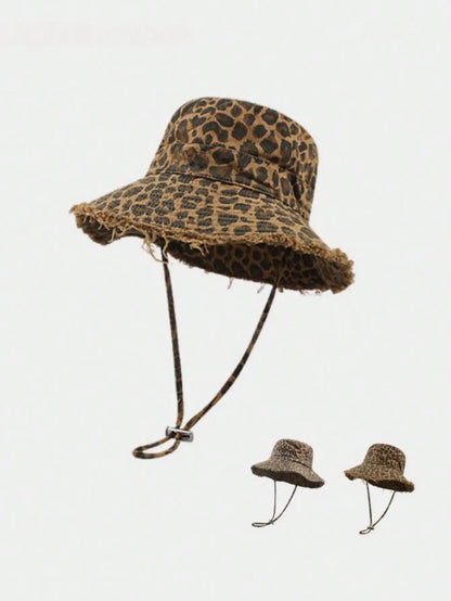 Retro Washed Rough Edge Leopard Women Drawstring Bucket Hat