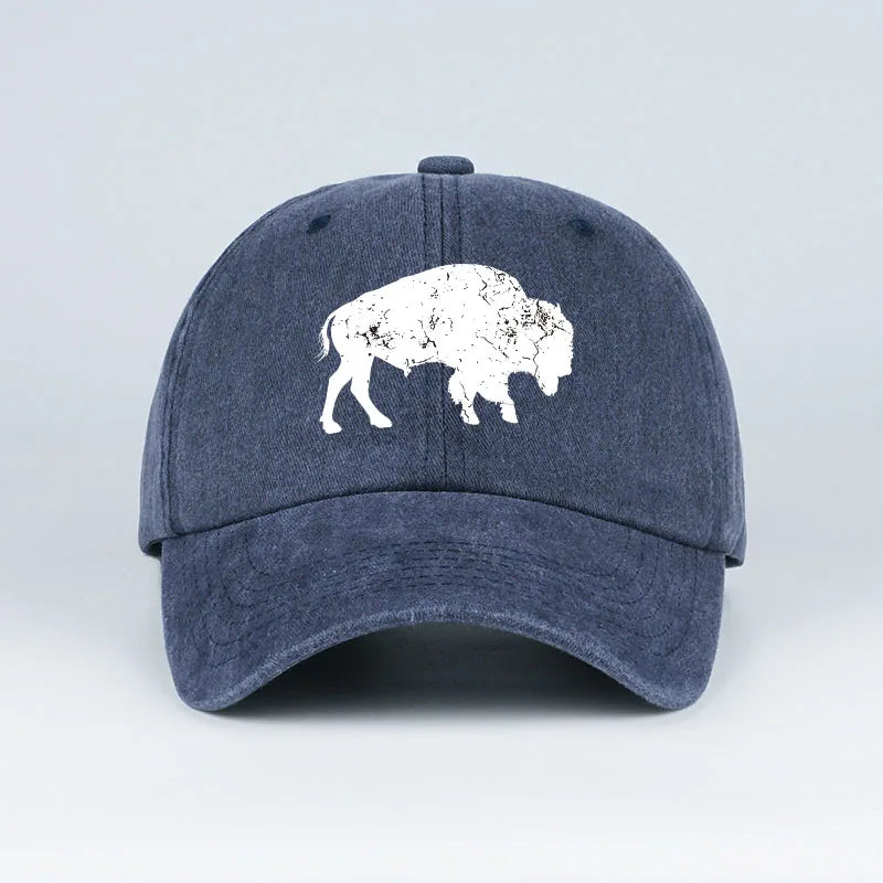 Vintage Distressed Bison Print Washed Baseball Cap