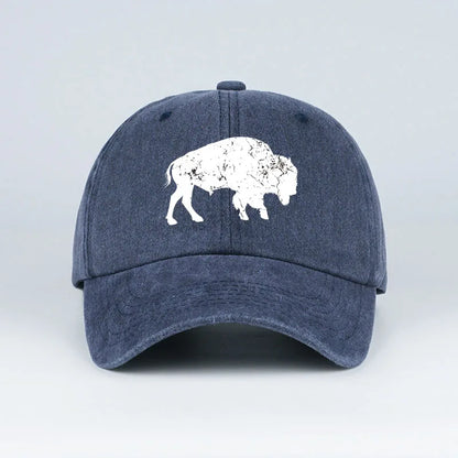 Vintage Distressed Bison Print Washed Baseball Cap