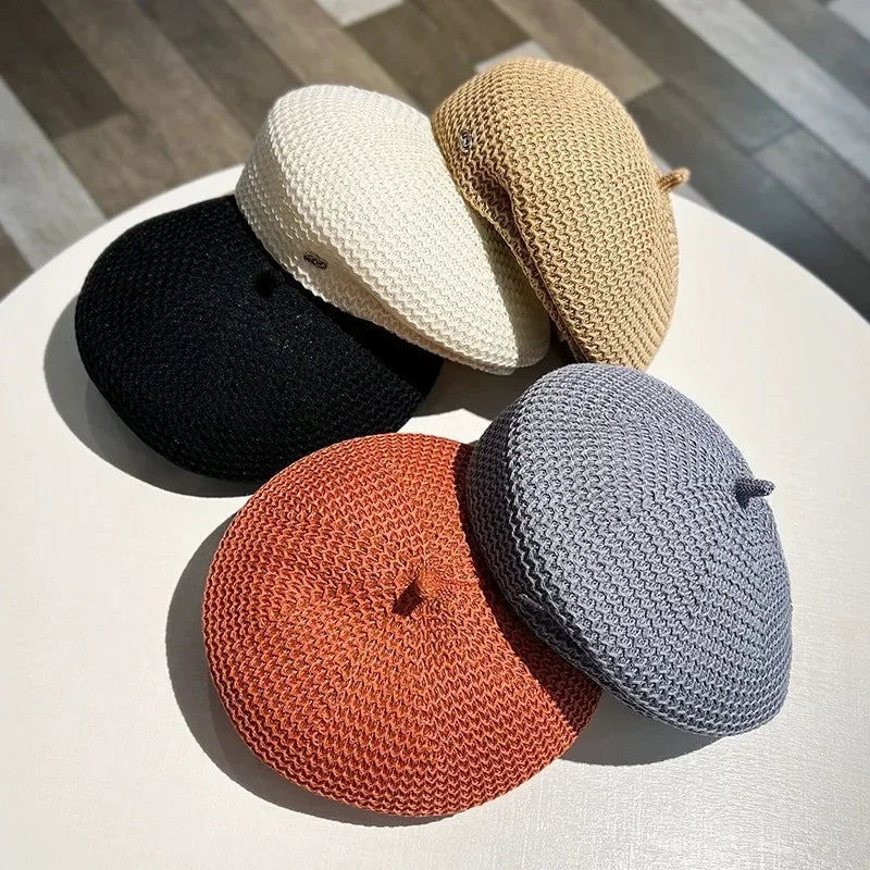 Women Fixed Pleated Paper Straw Beret Summer