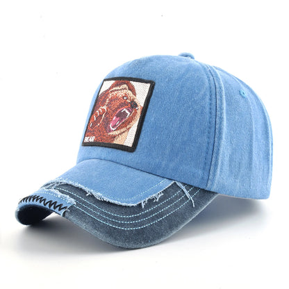 Vintage Denim Baseball Cap With Embroidery Animals