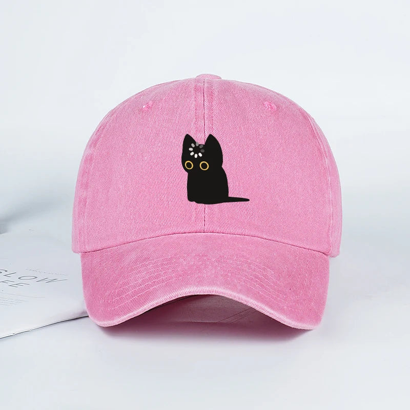 Cute Black Cat Print Washed Baseball Cap Soft