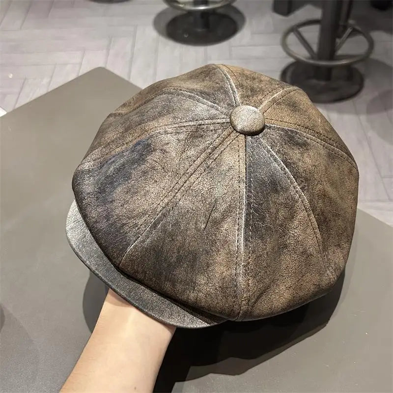 Vintage Distressed Leather Baker Boy Cap