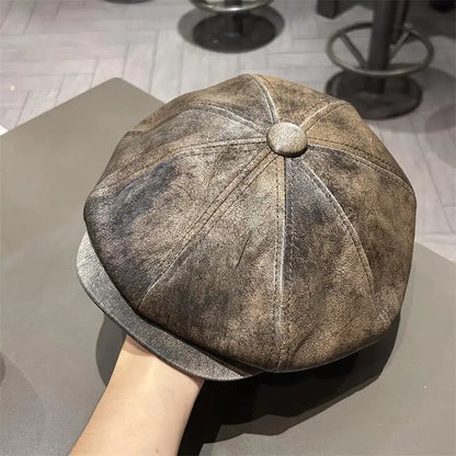 Vintage Distressed Leather Baker Boy Cap