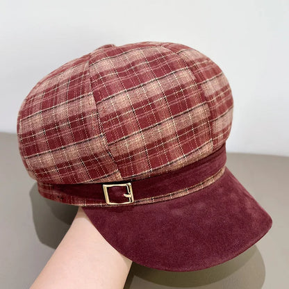 Vintage Red Plaid Beret Hat For Women Autumn Winter Newsboy Cap