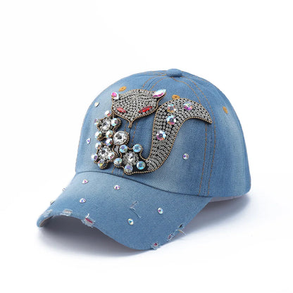 Baseball Cap Denim Distressed Rhinestone Bling Sparkle Hip Hop Hat