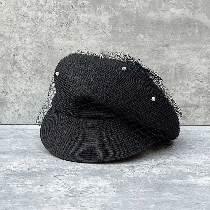 Elegant Mesh Pearl Beret Newsboy Hat Japanese Pleated Cap