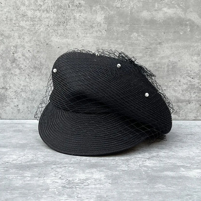 Elegant Mesh Pearl Beret Newsboy Hat Japanese Pleated Cap