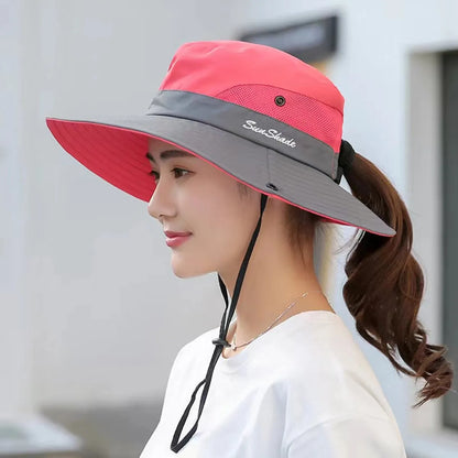 Women Large Brim With Leaking Ponytail Quick Drying Bucket Hats