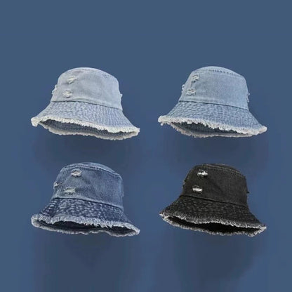 Vintage Denim Bucket Hat For Women Tassel Holes Panama Fisherman Cap