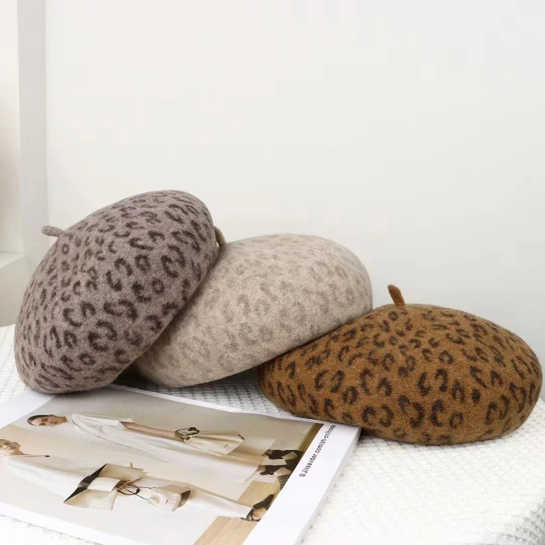 New 4 Colors Leopard Winter Beret Female Cap
