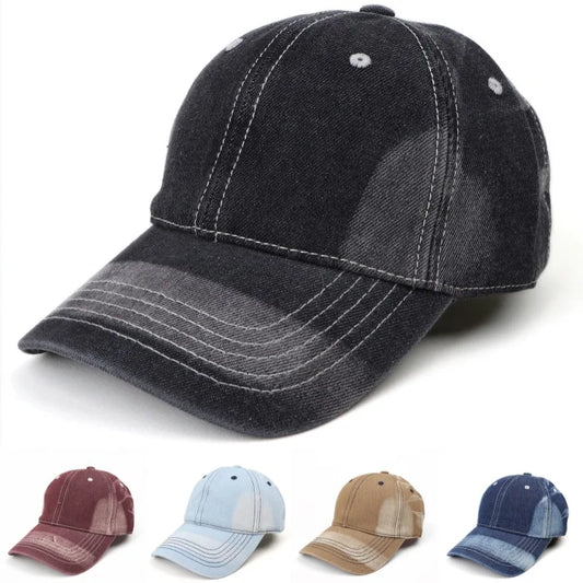 Retro Faded Denim Baseball Cap Washed Cotton Distressed Adjustable