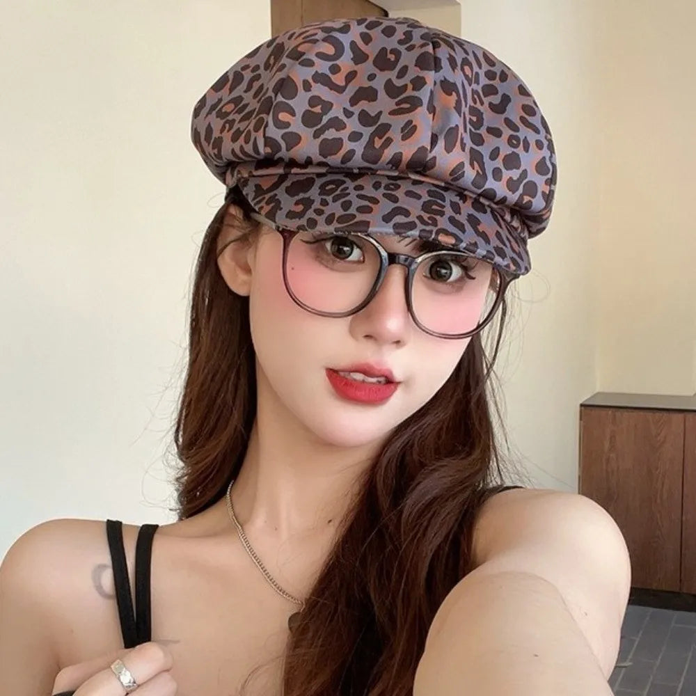 Retro Spot Leopard Print Octagonal Hat Polyester Y2K Women Beret