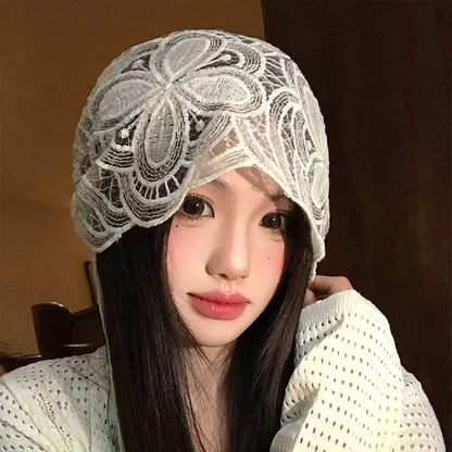 New Drawstring White Hollow Out Flower Bonnet Spring Women's Knitted
