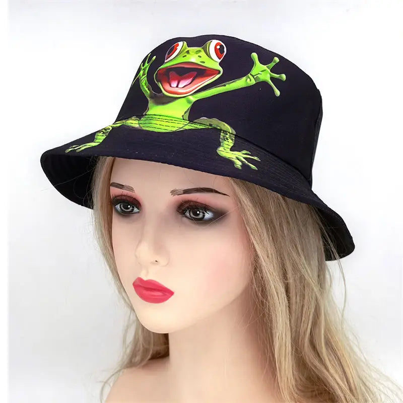 Four Seasons Polyester Cartoon Print Bucket Hat Fisherman Hat Outdoor Travel Cap Hats for Men and Women