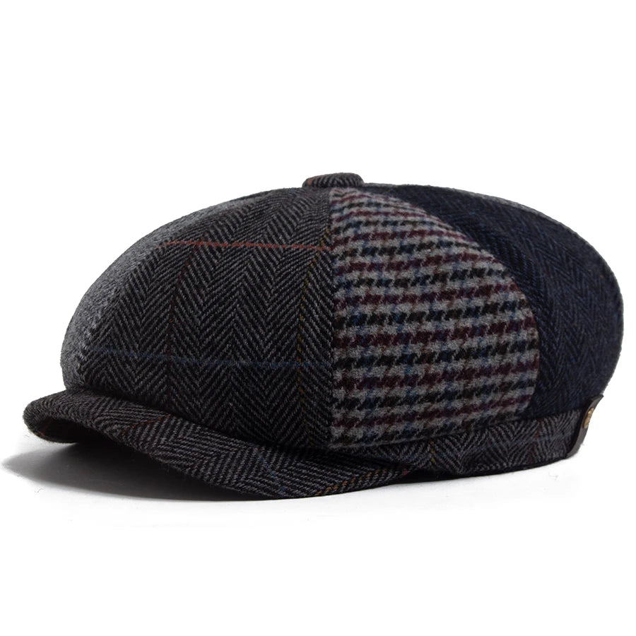 Vintage Newsboy Cap Men Herringbone Plaid Patchwork Pattern Women Beret
