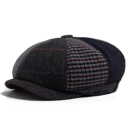 Vintage Newsboy Cap Men Herringbone Plaid Patchwork Pattern Women Beret