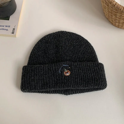 ‌2025 New Autumn Winter Bear Embroidery Windproof Pullover Beanie Hat