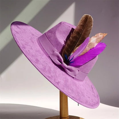 Yellow Bow Feather Suede Top Hat Wide Brim Fedora Hat