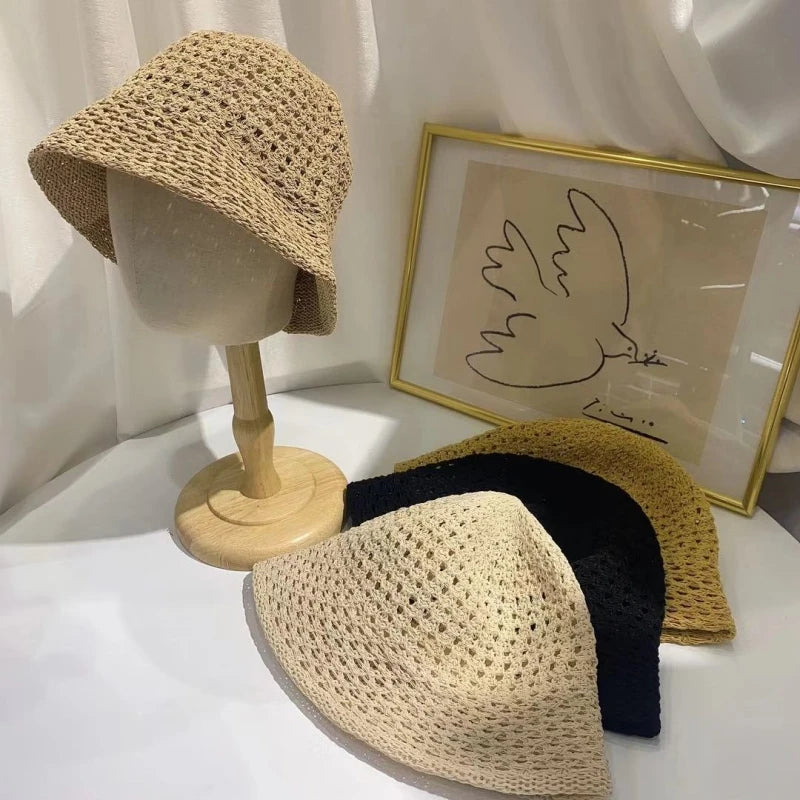 Straw Dome Weave Bucket Hat Hollow Out Breathable Sun Hats