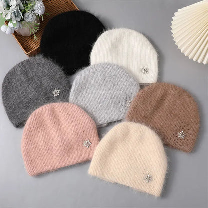 Women Winter Warm Fashion With Diamond Flower Beanies Knitted Angora Long Rabbit Fur Hats