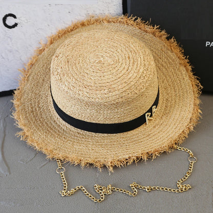 Designer Raffia Straw Hat With Chain Letter Women Summer Bikini Beach Sun Hat