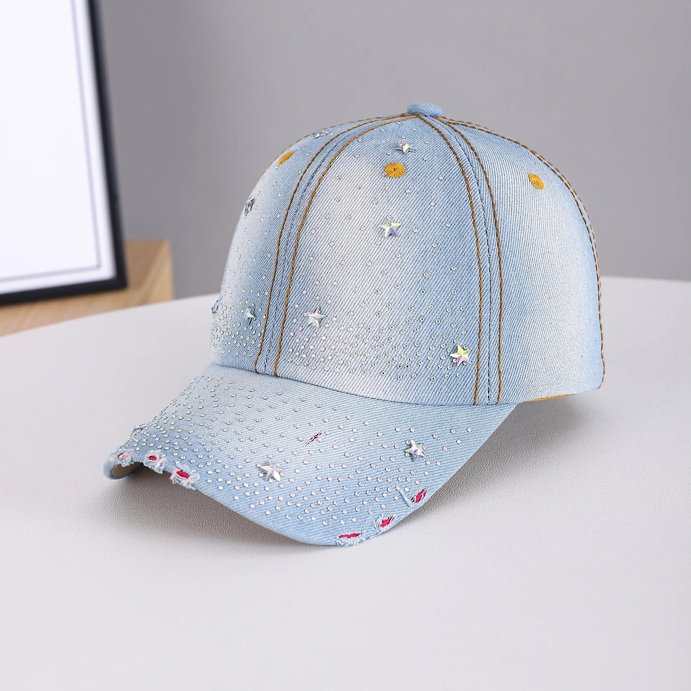 Mini Star-Studded Gradient Rhinestone Sky-Patterned Denim Frayed Baseball Cap