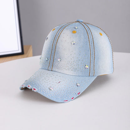 Mini Star-Studded Gradient Rhinestone Sky-Patterned Denim Frayed Baseball Cap