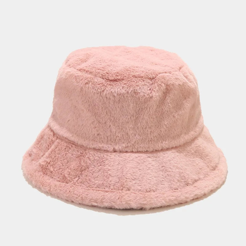 Faux Rabbit Fur Bucket Hat Lady Winter Warm Soft Panama Hat