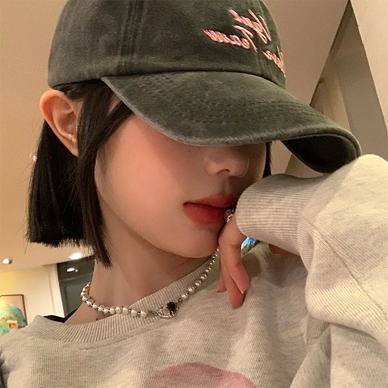 Vintage Washed Cotton Baseball Cap Women Letter Embroidery