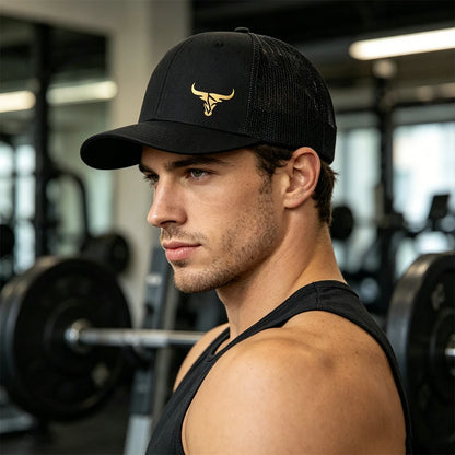 1 Gold Ox Head Print Truck Cap Breathable Mesh Back Baseball Cap Outdoor Snap Caps