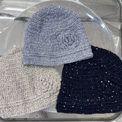 New Handmade Crochet Winter Beanies Hat For Women Solid Flower Sequin Skull Cap