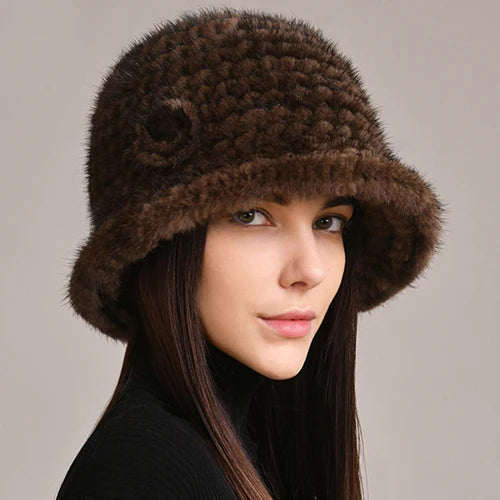 Woman Hat Winter Solid Mink Caps With Flower Natural Mink Fur Hats