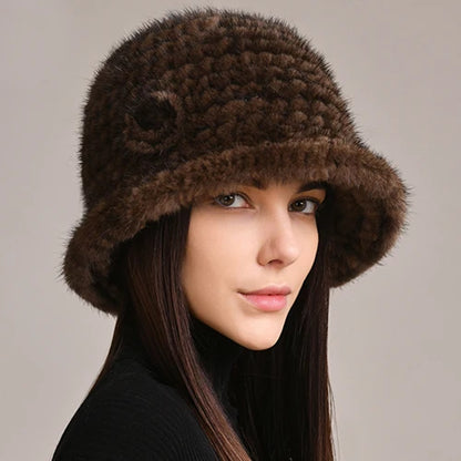 Woman Hat Winter Solid Mink Caps With Flower Natural Mink Fur Hats