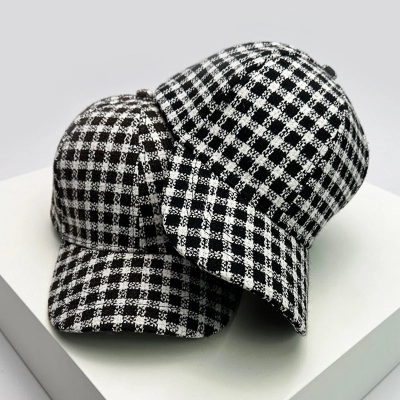 Men Women Woolen Cloth Stripe Check Baseball Caps