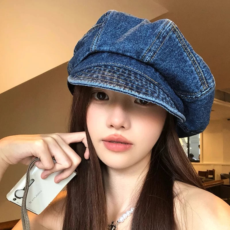 Japanese Retro Denim Cloud Berets Cap For Women Spring And Summer