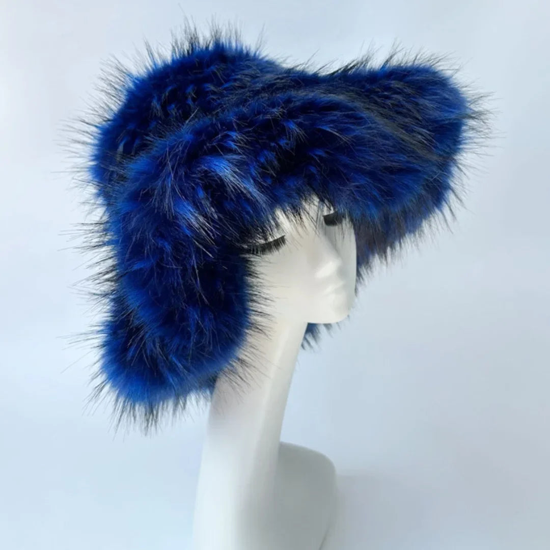 Luxury Fluffy Women Faux Fur Bucket Hats Oversized 17cm Wide Brim
