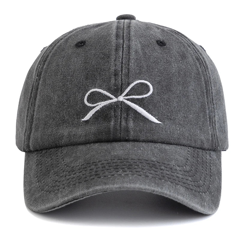 Women Washed Cotton Cap Bow Knot Embroidery Vintage Baseball Cap Female