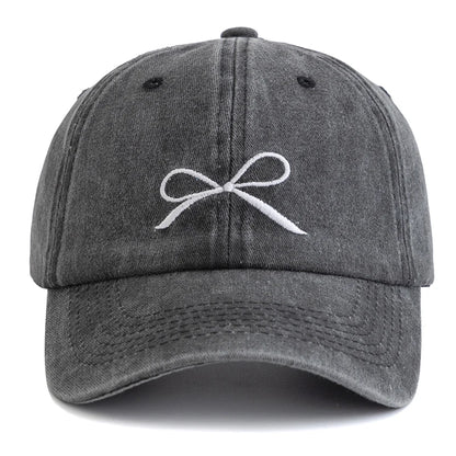 Women Washed Cotton Cap Bow Knot Embroidery Vintage Baseball Cap Female