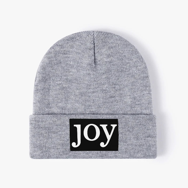 Joy Letter Patch Black Knitted Beanie Unisex Cuffed Winter Hat