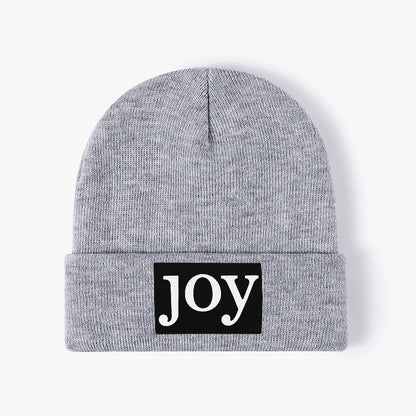 Joy Letter Patch Black Knitted Beanie Unisex Cuffed Winter Hat