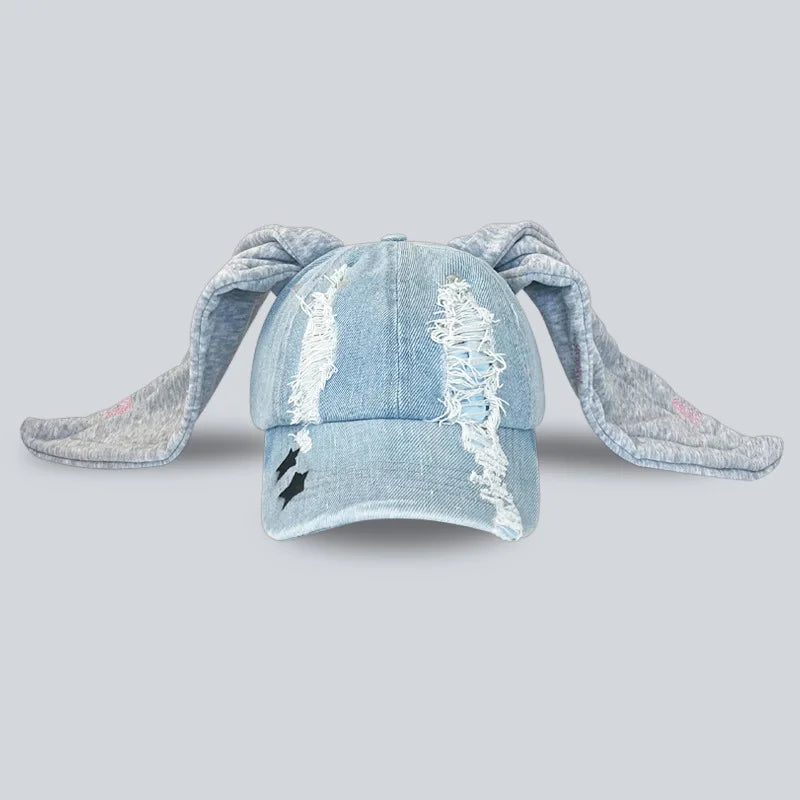 Niche Y2k Rabbit Ears Denim Ripped Baseball Cap Men and Women