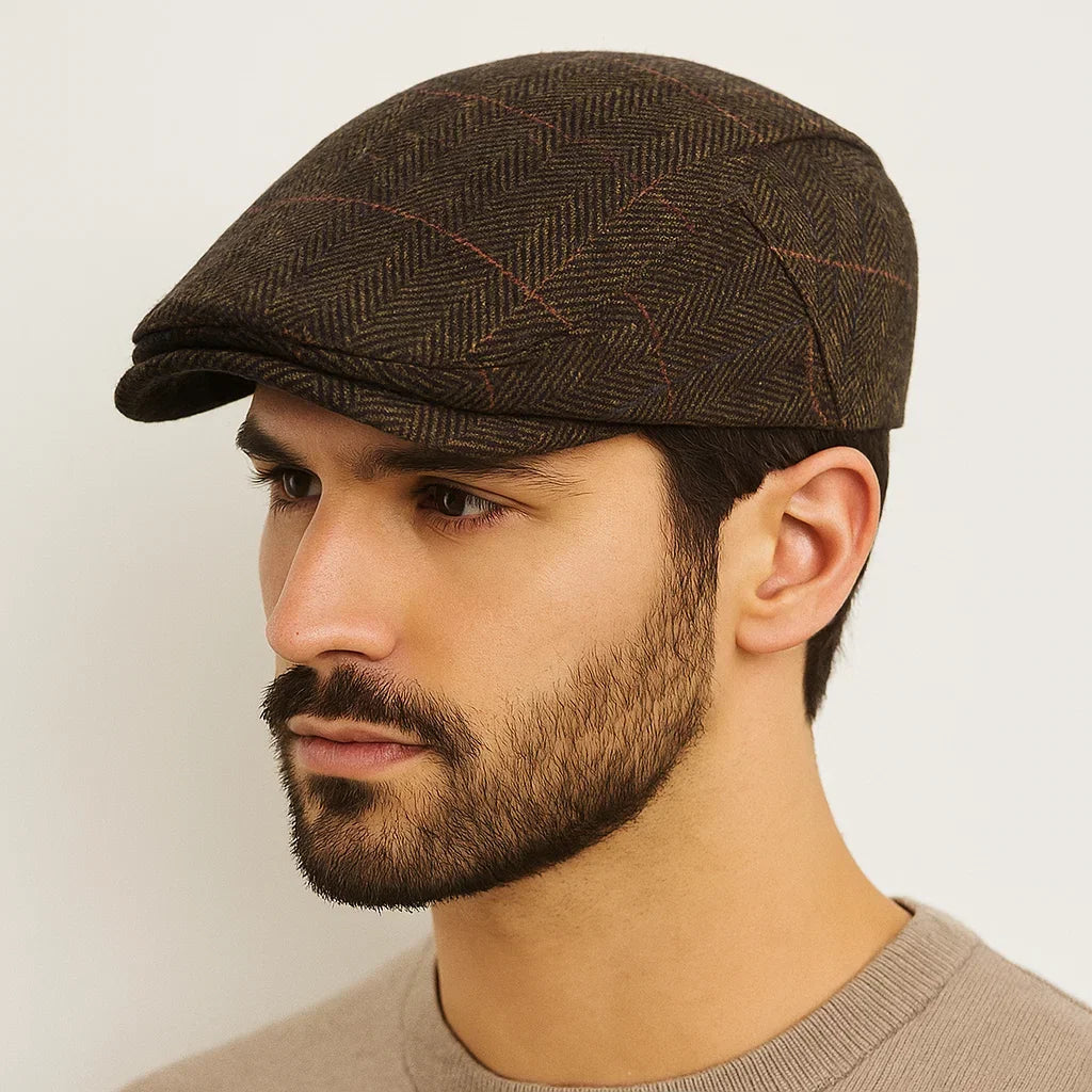 Newsboy Cap Men Winter Thick Warm Vintage Herringbone Casual Stripe Berets Flat Hat